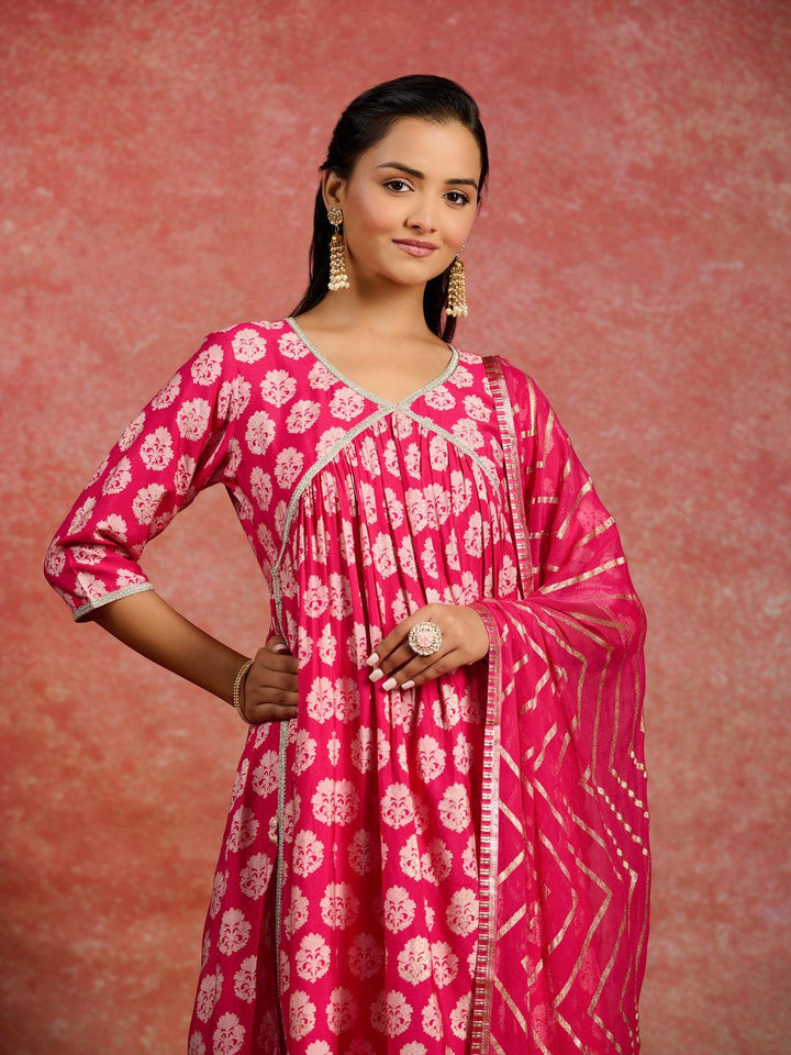 Pink Printed Silk Blend A-Line Kurta With Trousers & Dupatta