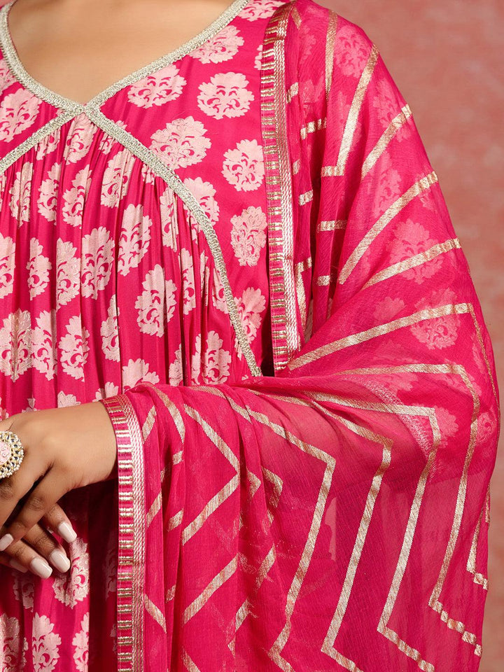 Pink Printed Silk Blend A-Line Kurta With Trousers & Dupatta
