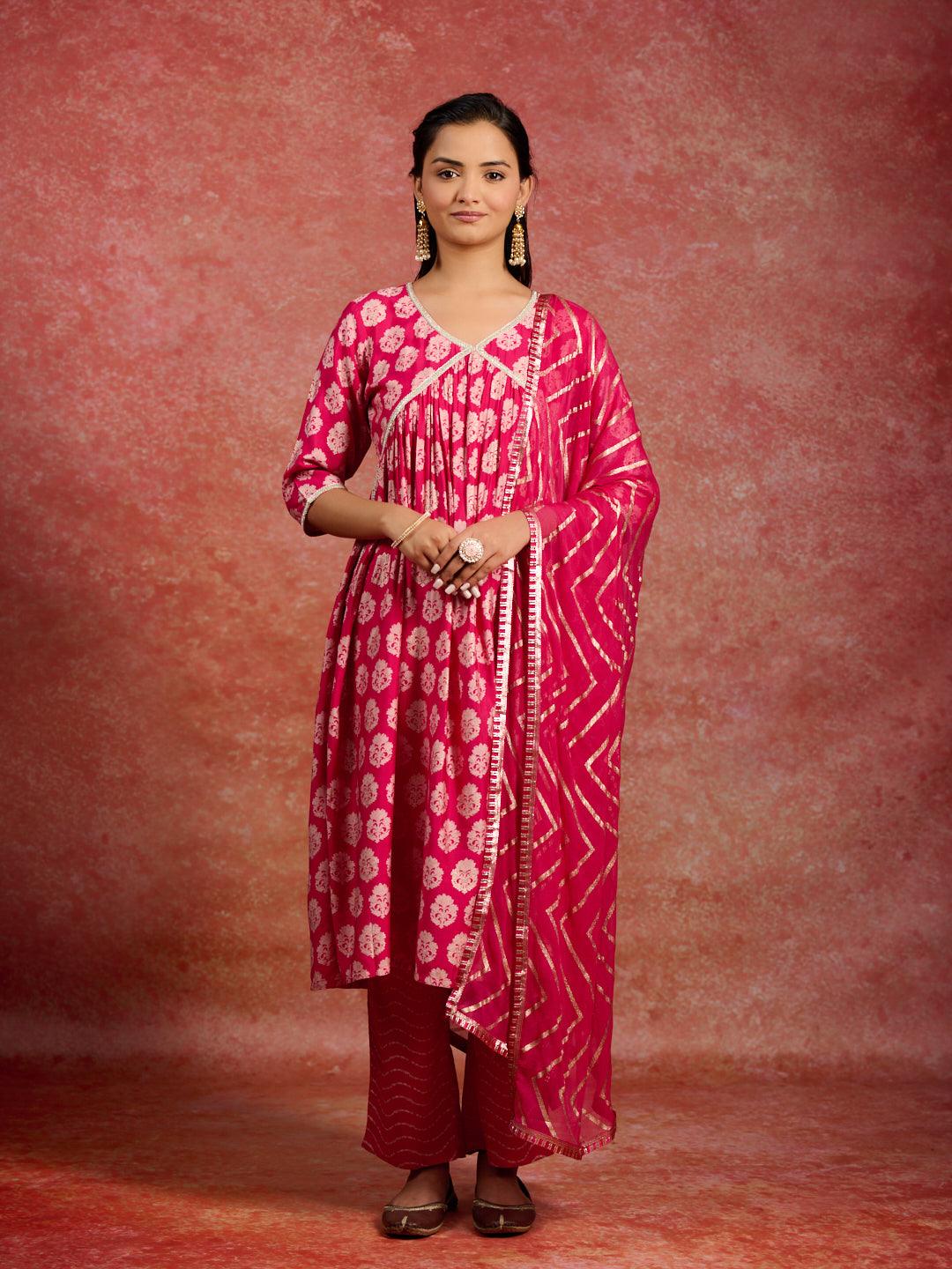 Pink Printed Silk Blend A-Line Kurta With Trousers & Dupatta - ShopLibas