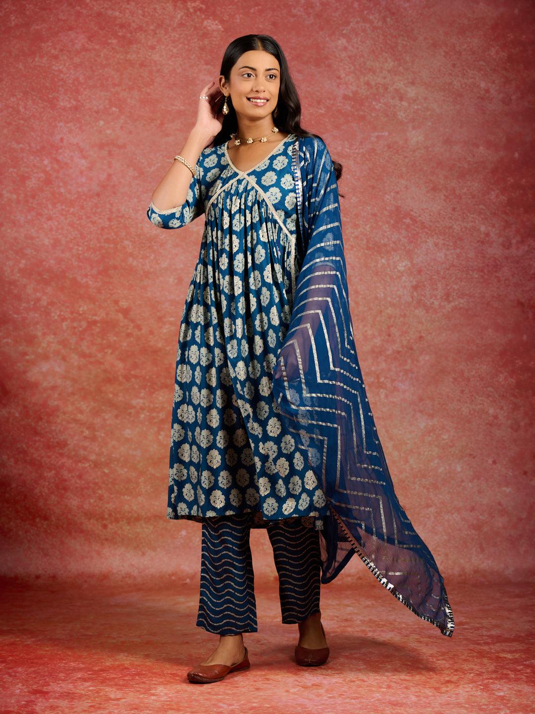 Blue Printed Silk Blend A-Line Kurta With Trousers & Dupatta - ShopLibas