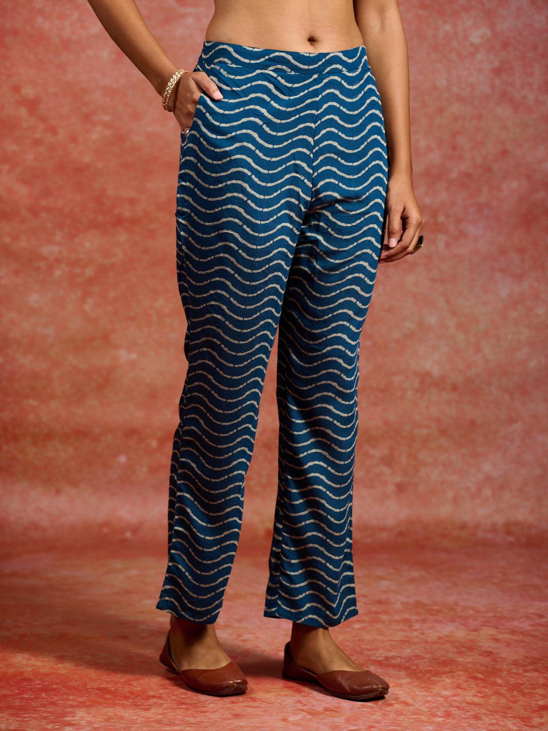 Blue Printed Silk Blend A-Line Kurta With Trousers & Dupatta - ShopLibas