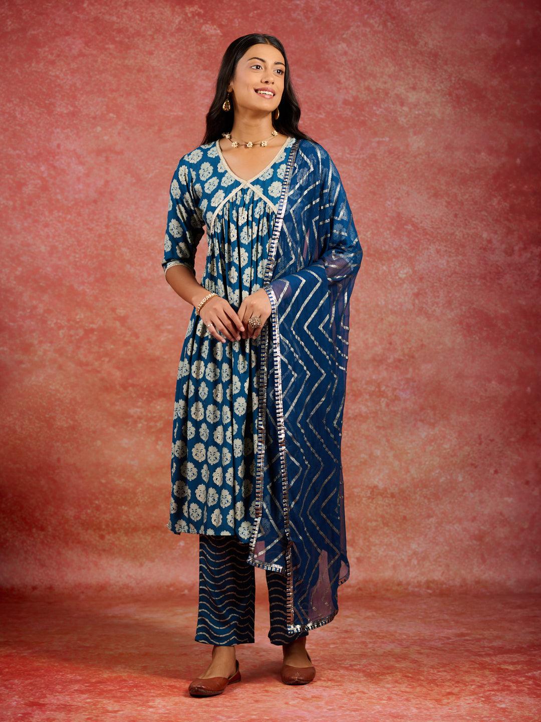 Blue Printed Silk Blend A-Line Kurta With Trousers & Dupatta - ShopLibas