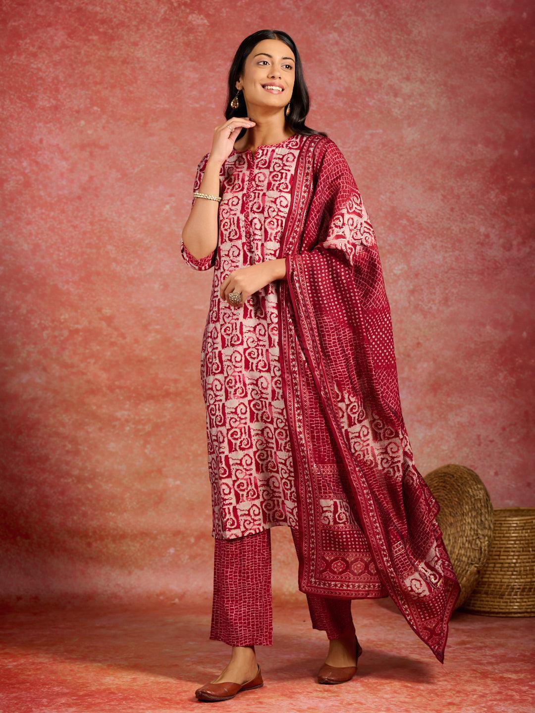 Maroon Printed Silk Blend Straight Kurta With Trousers & Dupatta - ShopLibas