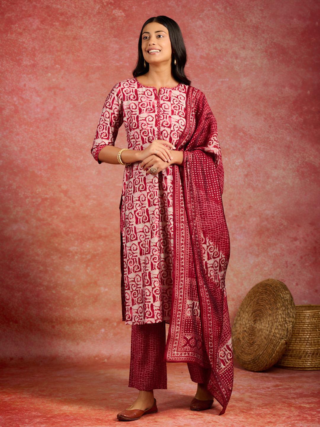 Maroon Printed Silk Blend Straight Kurta With Trousers & Dupatta - ShopLibas