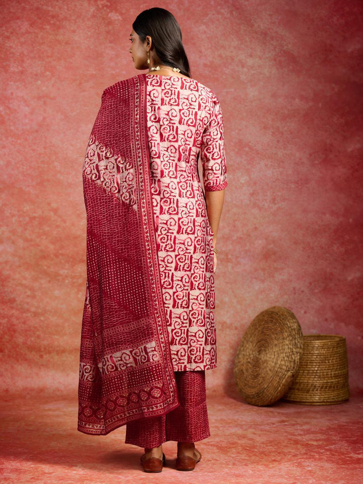 Maroon Printed Silk Blend Straight Suit With Dupatta