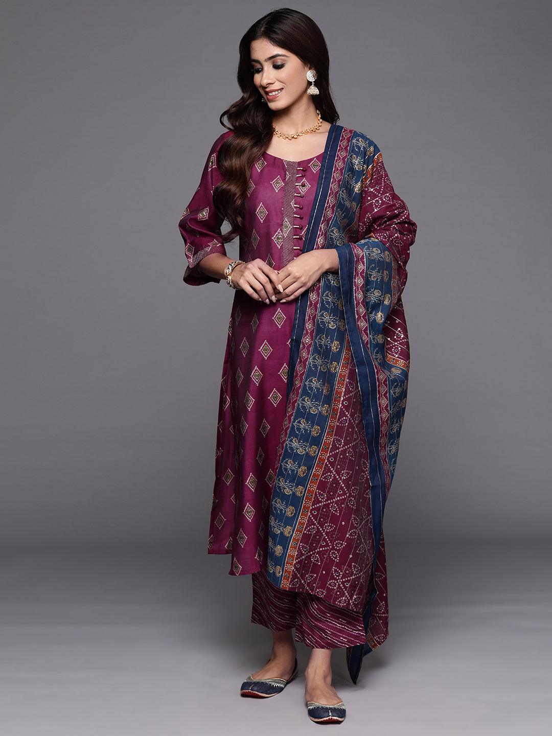 Wine Printed Silk Blend Straight Kurta With Trousers & Dupatta - ShopLibas