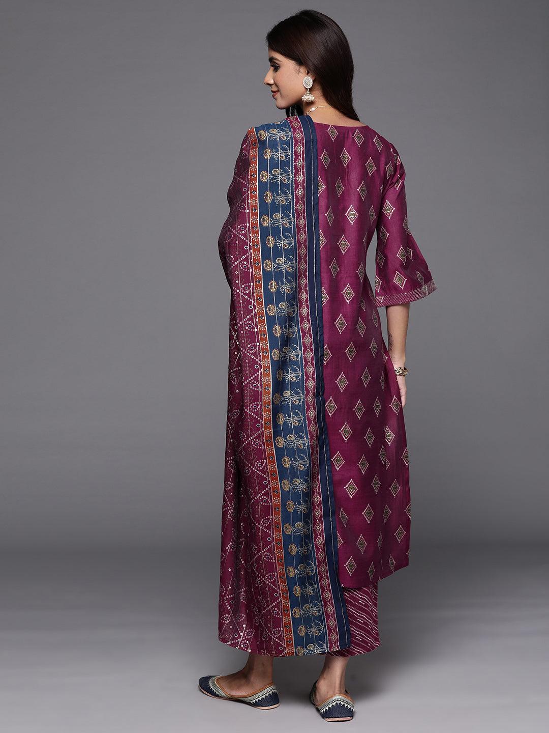 Wine Printed Silk Blend Straight Kurta With Trousers & Dupatta - ShopLibas