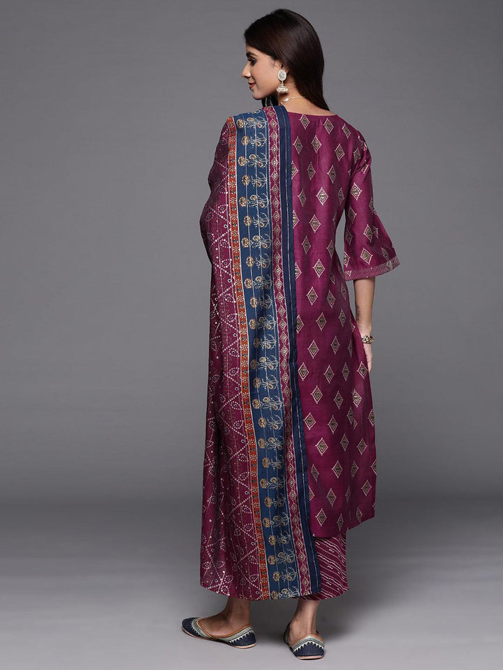 Wine Printed Silk Blend Straight Suit With Dupatta