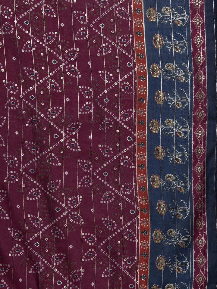Wine Printed Silk Blend Straight Suit With Dupatta