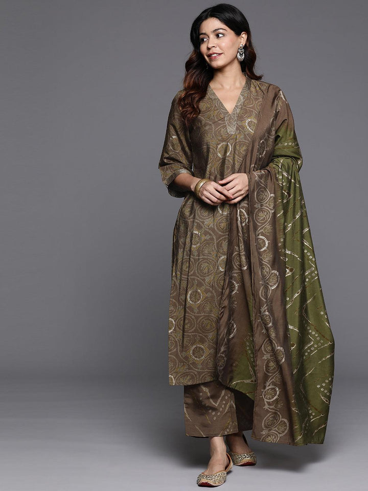 Olive Printed Silk Blend Straight Suit With Dupatta