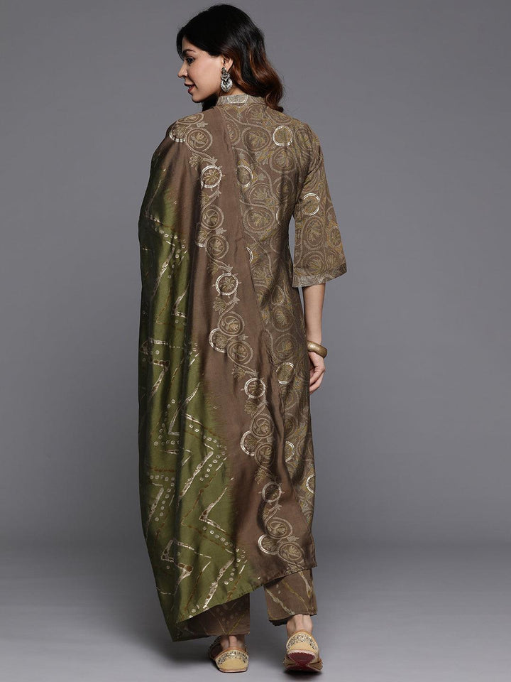 Olive Printed Silk Blend Straight Suit With Dupatta