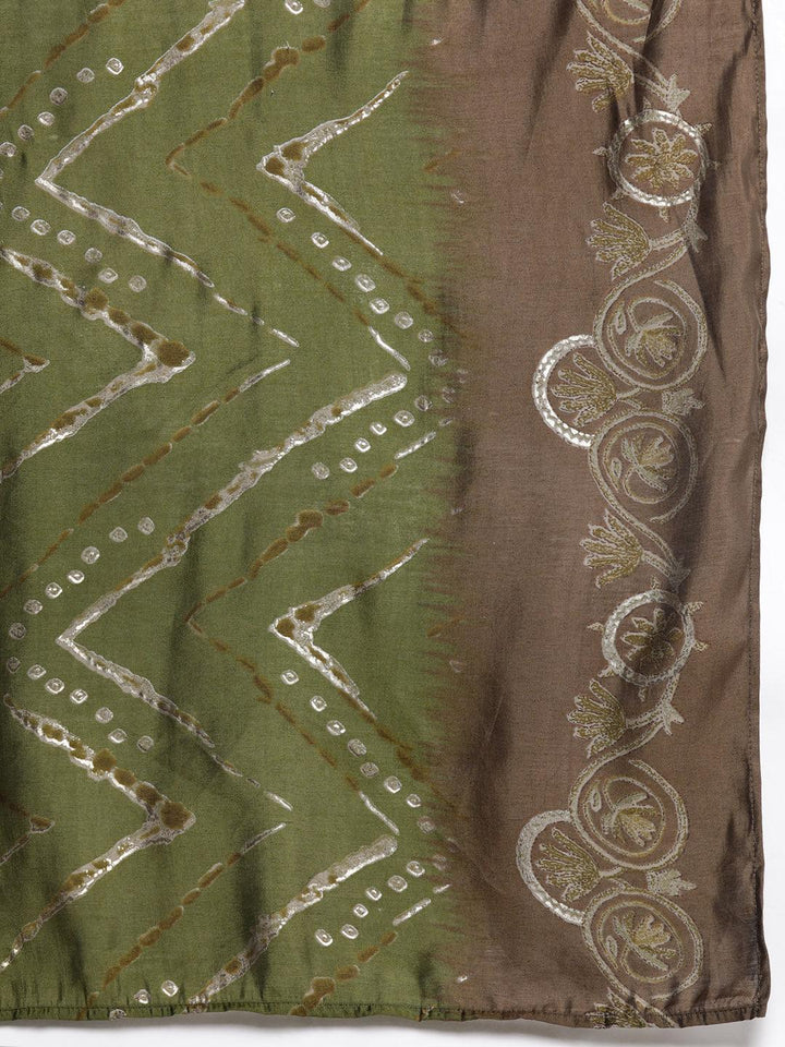 Olive Printed Silk Blend Straight Suit With Dupatta