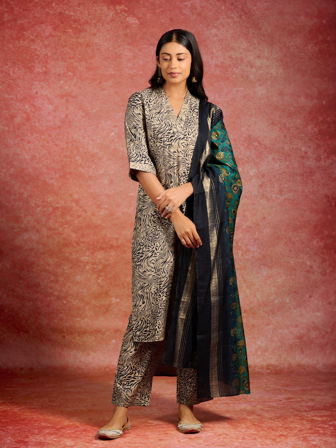 Blue Printed Silk Blend Straight Kurta With Trousers & Dupatta - ShopLibas