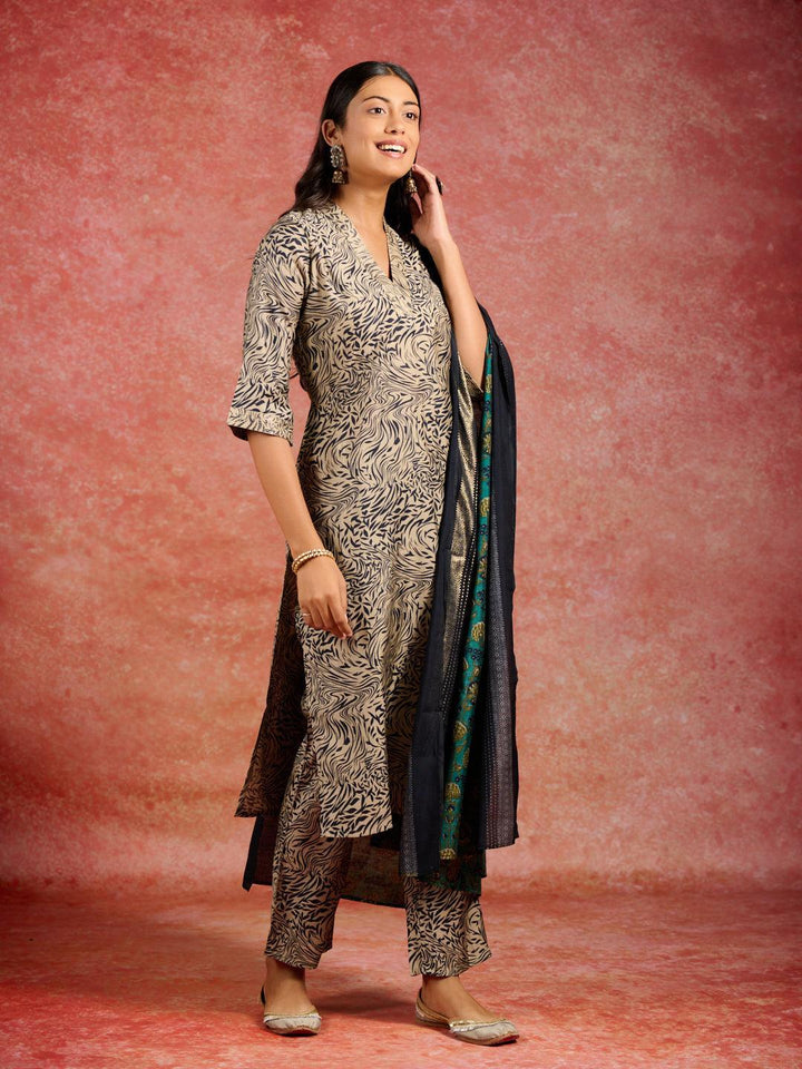 Blue Printed Silk Blend Straight Suit With Dupatta