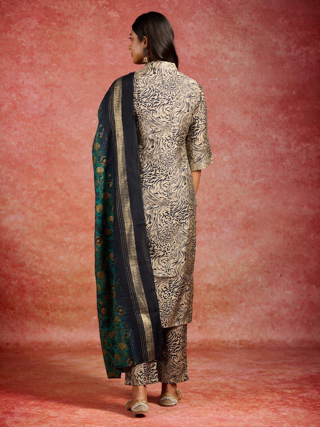 Blue Printed Silk Blend Straight Kurta With Trousers & Dupatta - ShopLibas