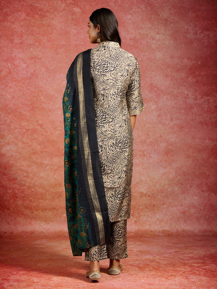 Blue Printed Silk Blend Straight Suit With Dupatta