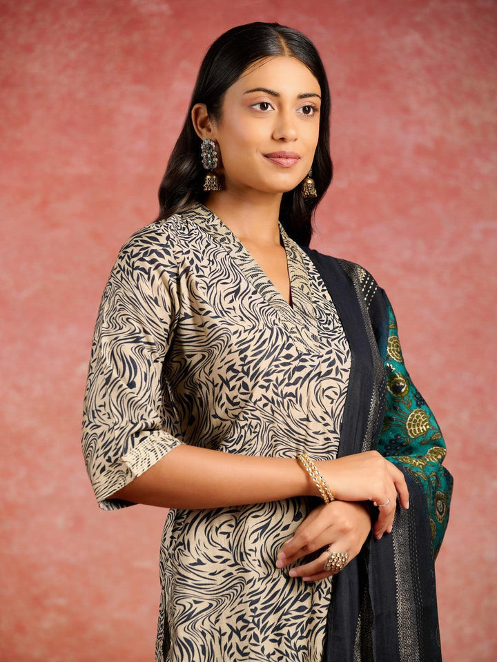 Blue Printed Silk Blend Straight Suit With Dupatta