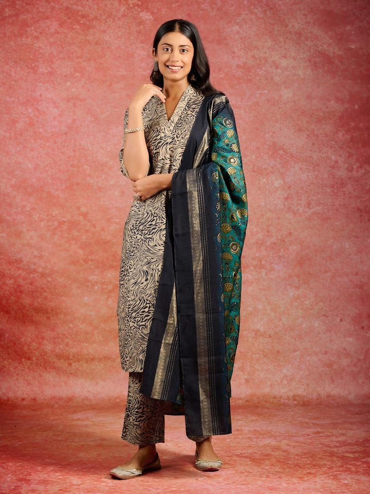 Blue Printed Silk Blend Straight Suit With Dupatta