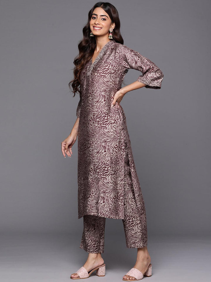 Maroon Printed Silk Blend Straight Suit With Dupatta