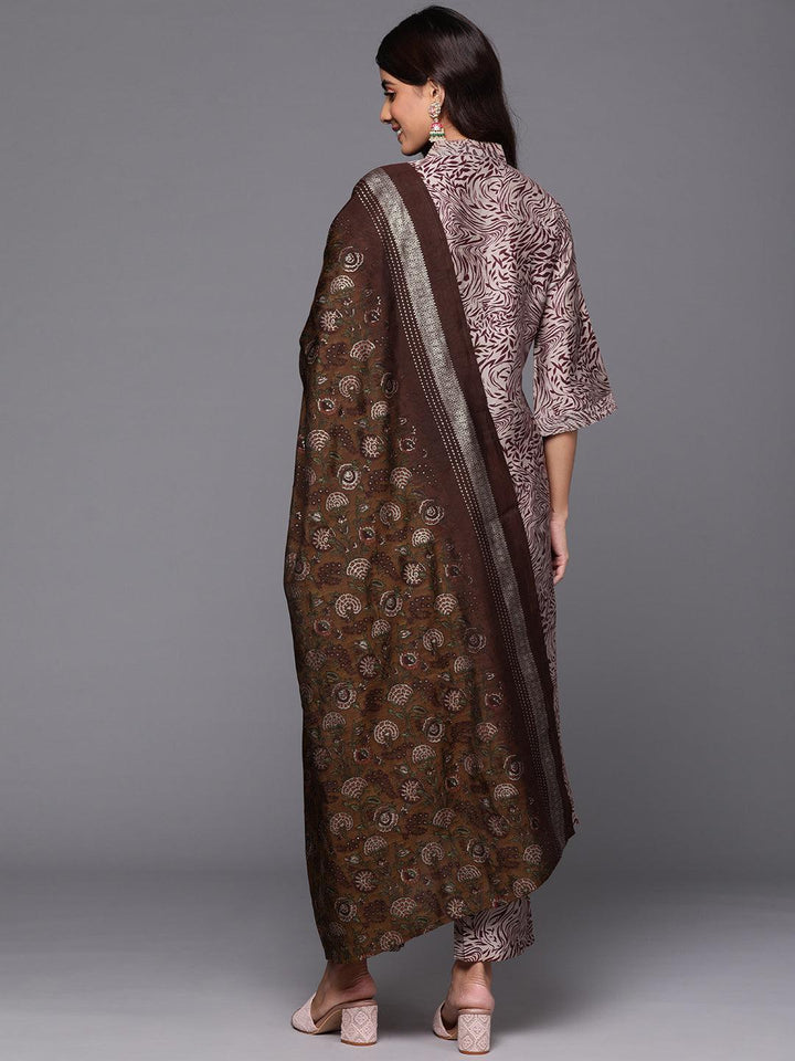 Maroon Printed Silk Blend Straight Suit With Dupatta