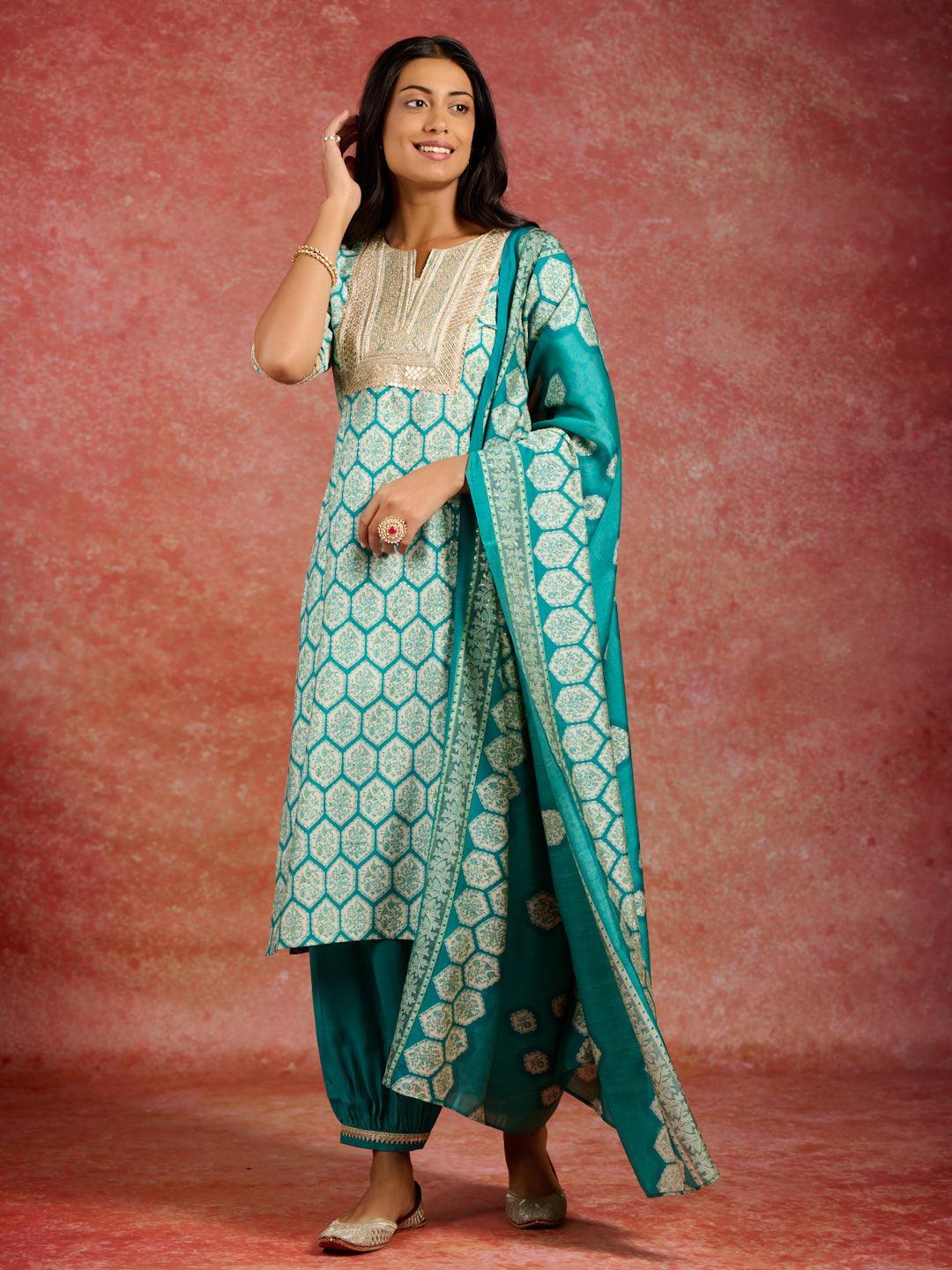 Blue Printed Silk Blend Straight Kurta With Salwar & Dupatta - ShopLibas