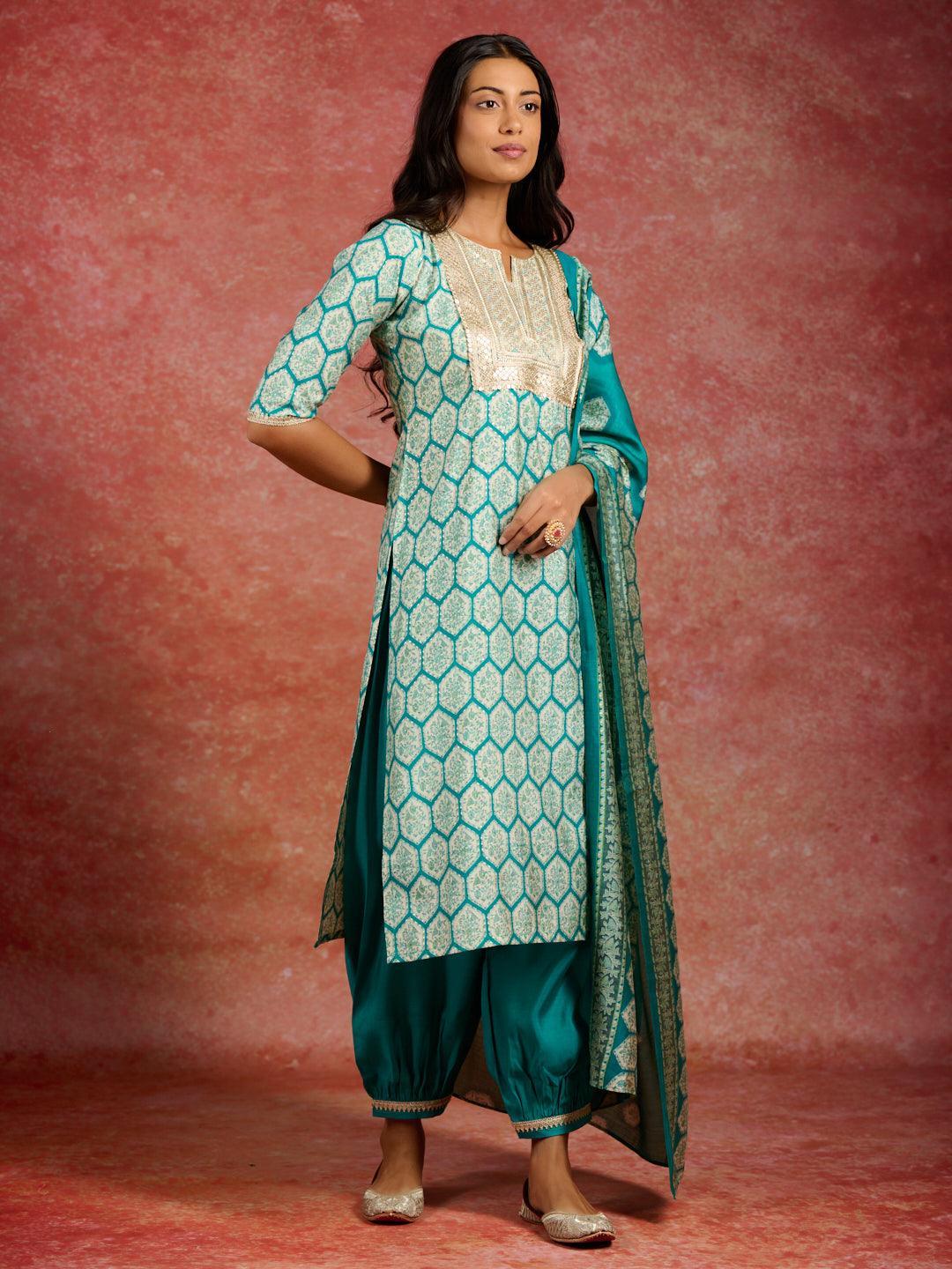 Blue Printed Silk Blend Straight Kurta With Salwar & Dupatta - ShopLibas