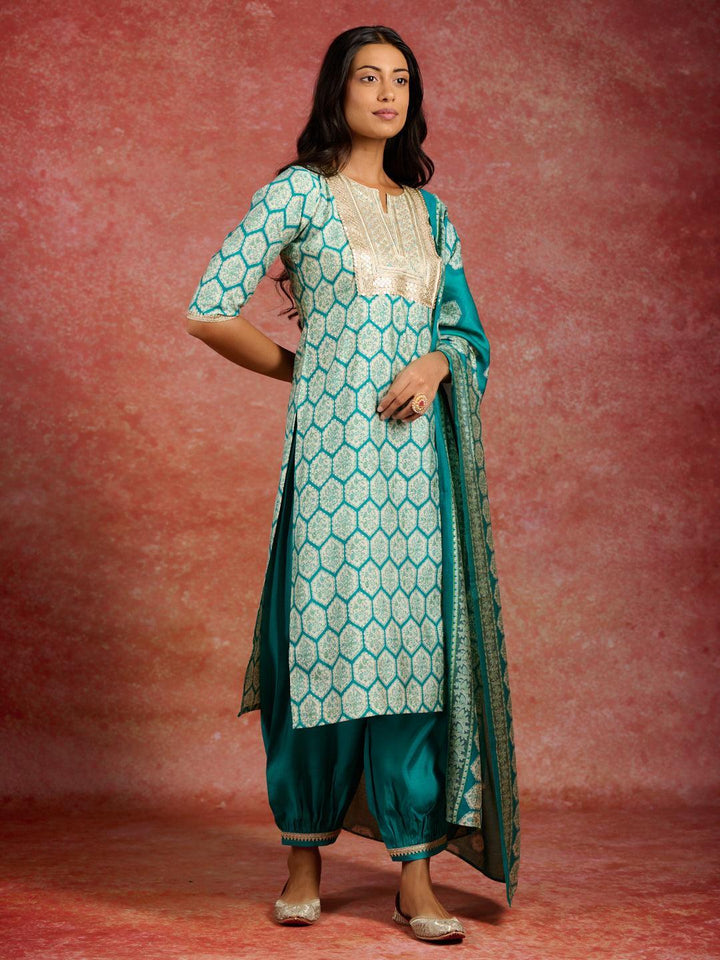 Blue Printed Silk Blend Straight Suit With Dupatta