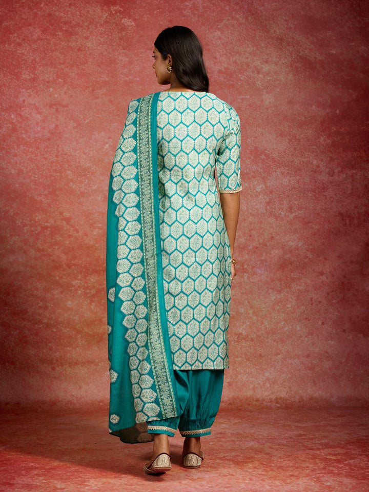 Blue Printed Silk Blend Straight Suit With Dupatta