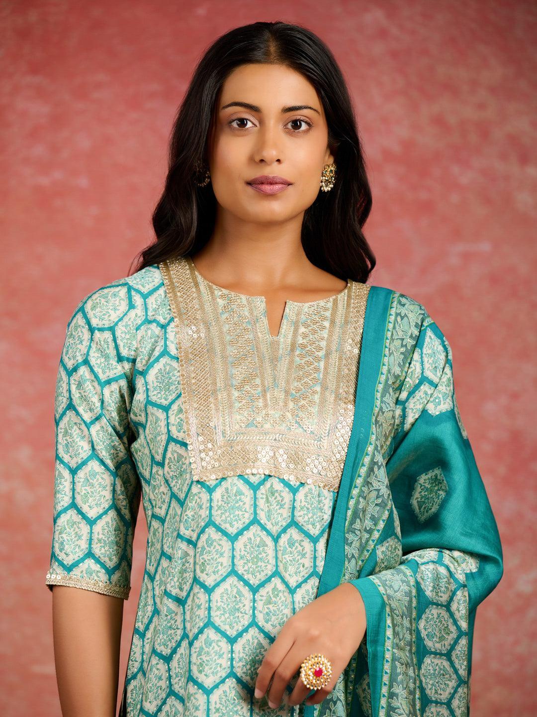 Blue Printed Silk Blend Straight Kurta With Salwar & Dupatta - ShopLibas