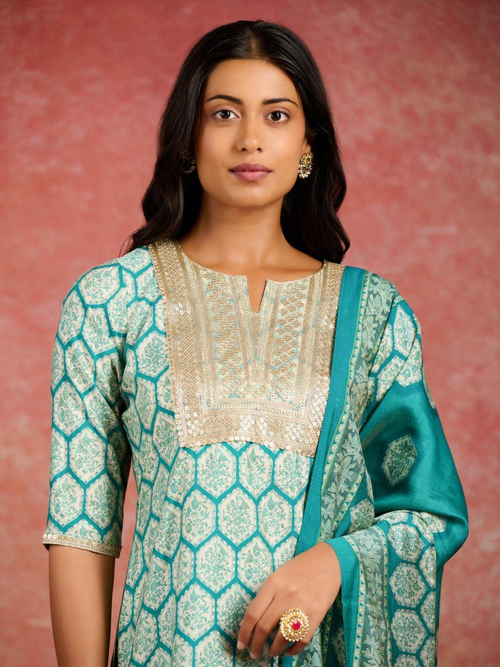 Blue Printed Silk Blend Straight Suit With Dupatta