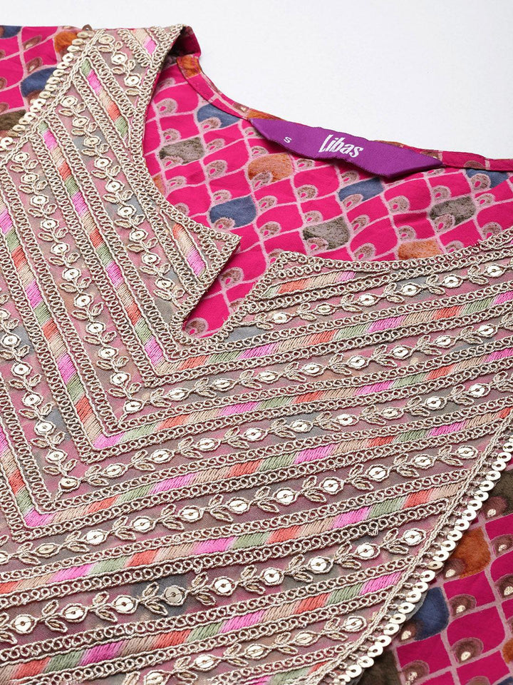 Pink Printed Silk Blend Straight Suit With Dupatta