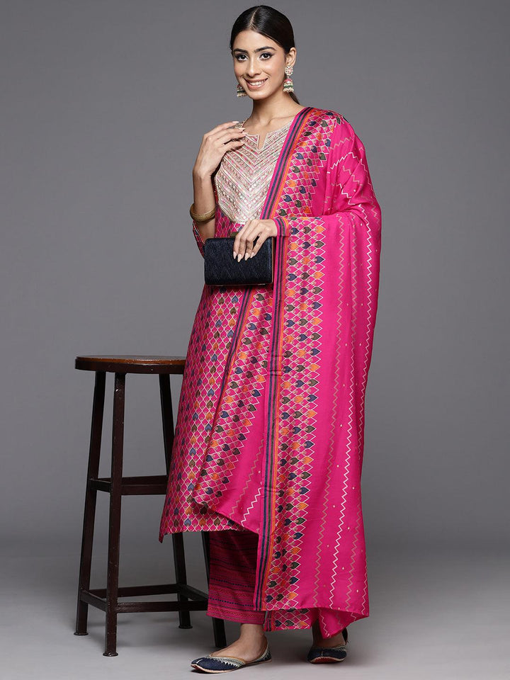 Pink Printed Silk Blend Straight Suit With Dupatta