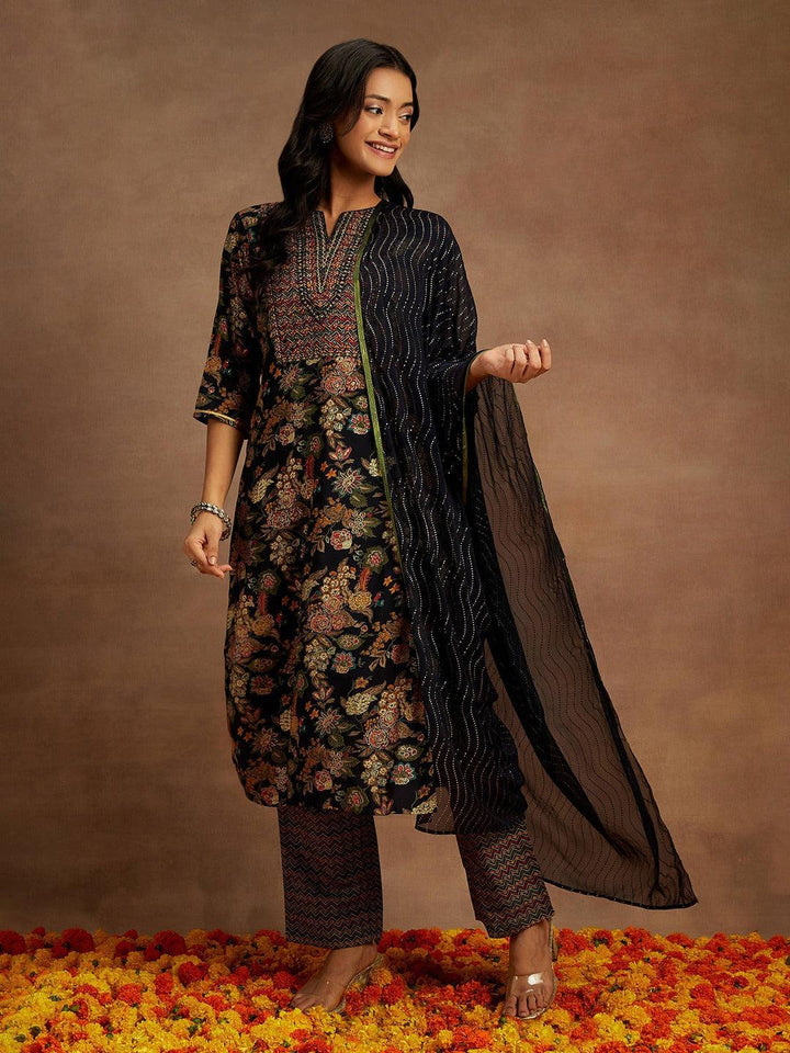 Blue Printed Silk Blend Straight Suit With Dupatta