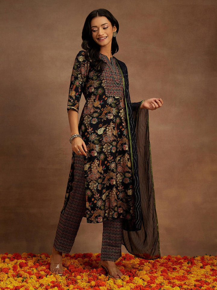 Blue Printed Silk Blend Straight Suit With Dupatta