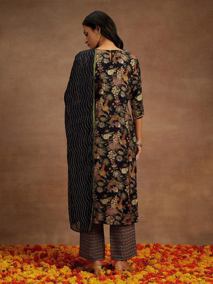 Blue Printed Silk Blend Straight Suit With Dupatta