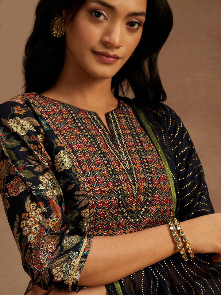 Blue Printed Silk Blend Straight Suit With Dupatta