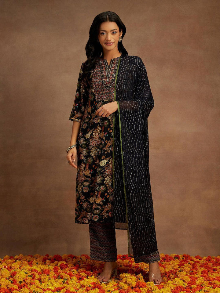 Blue Printed Silk Blend Straight Suit With Dupatta