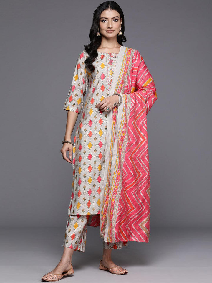 Multicoloured Printed Silk Blend Straight Suit With Dupatta
