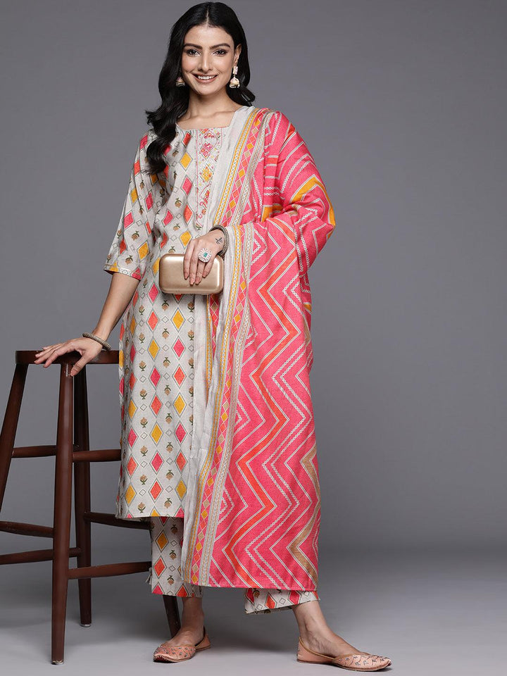 Multicoloured Printed Silk Blend Straight Suit With Dupatta