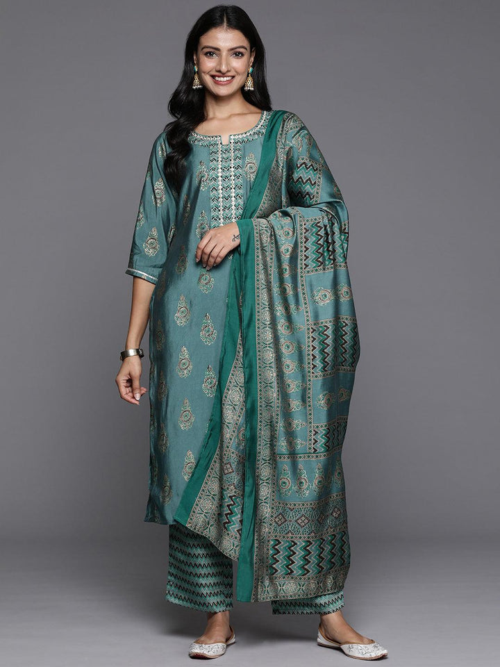Blue Printed Silk Blend Straight Suit With Dupatta
