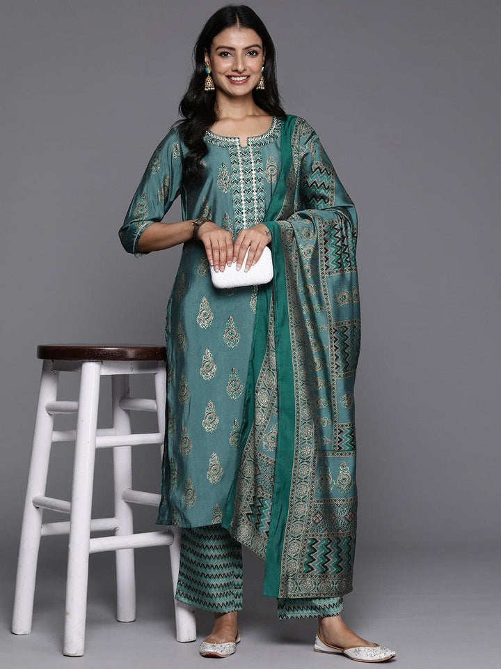 Blue Printed Silk Blend Straight Suit With Dupatta