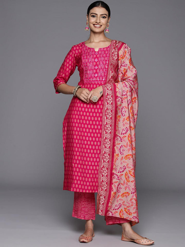 Pink Printed Silk Blend Straight Suit With Dupatta