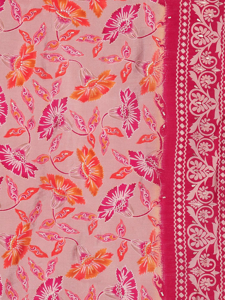 Pink Printed Silk Blend Straight Suit With Dupatta