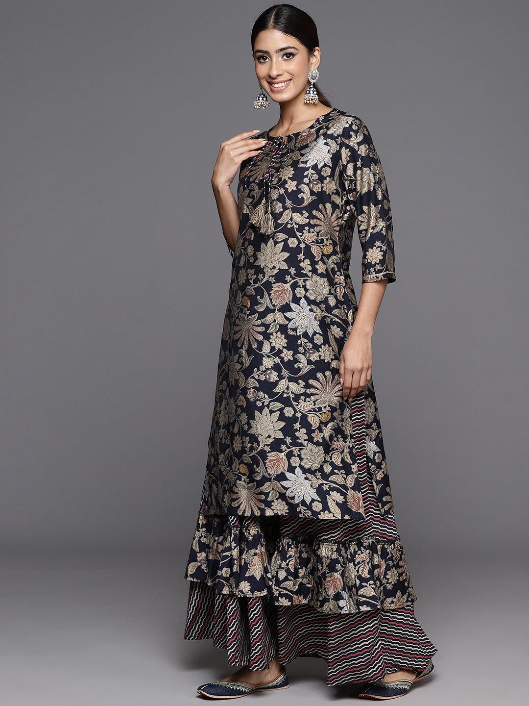 Blue Printed Silk Blend Straight Kurta With Skirt & Dupatta - ShopLibas