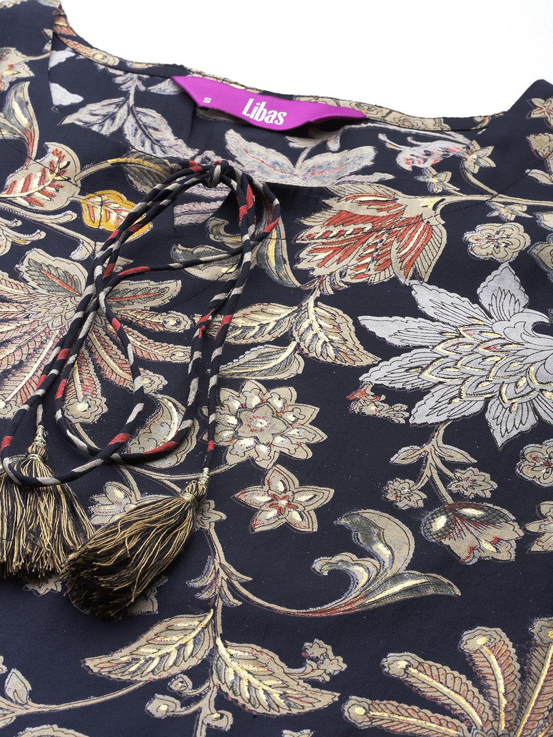 Blue Printed Silk Blend Straight Kurta With Skirt & Dupatta - ShopLibas