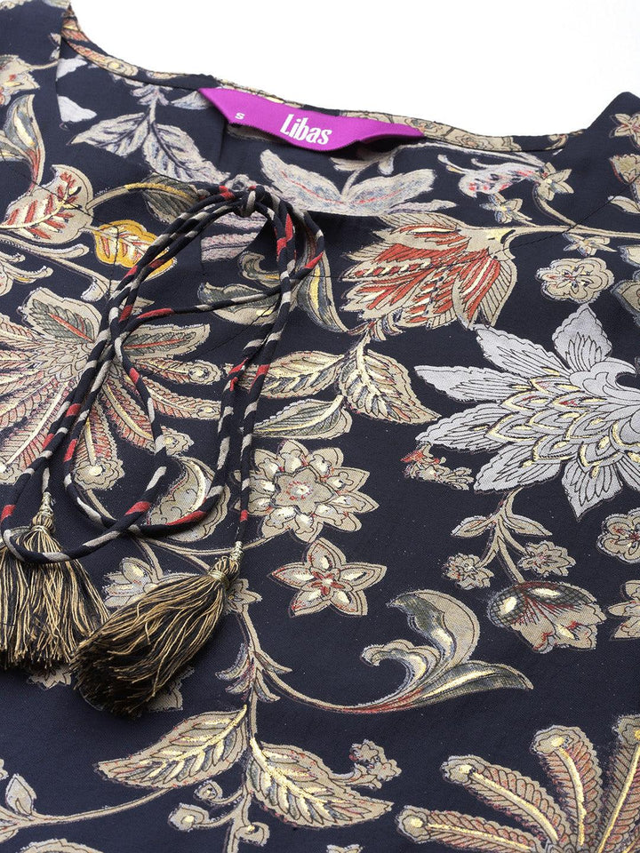 Blue Printed Silk Blend Straight Suit With Dupatta