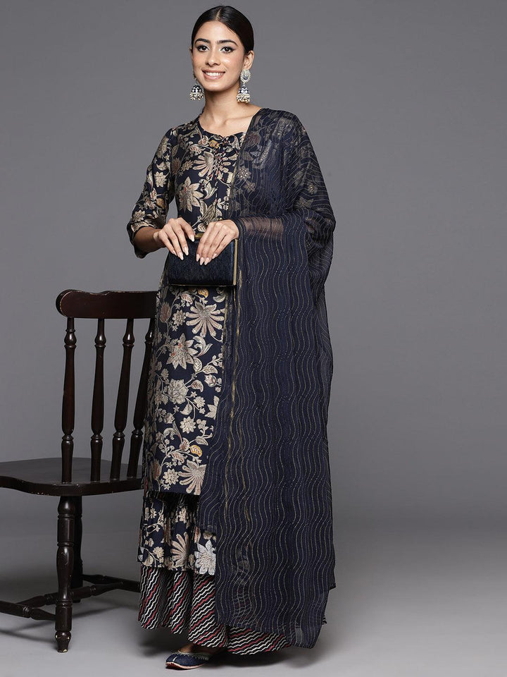 Blue Printed Silk Blend Straight Suit With Dupatta