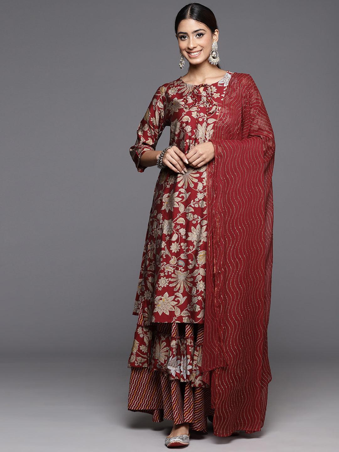 Maroon Printed Silk Blend Straight Kurta With Skirt & Dupatta - ShopLibas