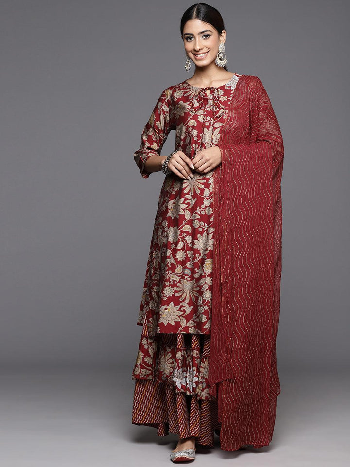 Maroon Printed Silk Blend Straight Suit With Dupatta