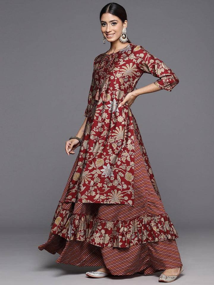 Maroon Printed Silk Blend Straight Suit With Dupatta